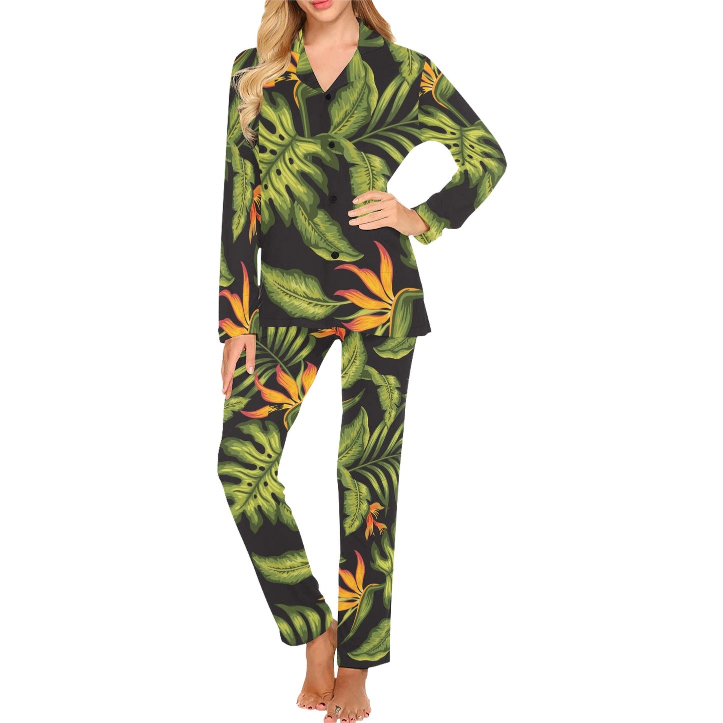 Bird Of Paradise Pattern Print Design BOP013 Women's Long Pajama Set