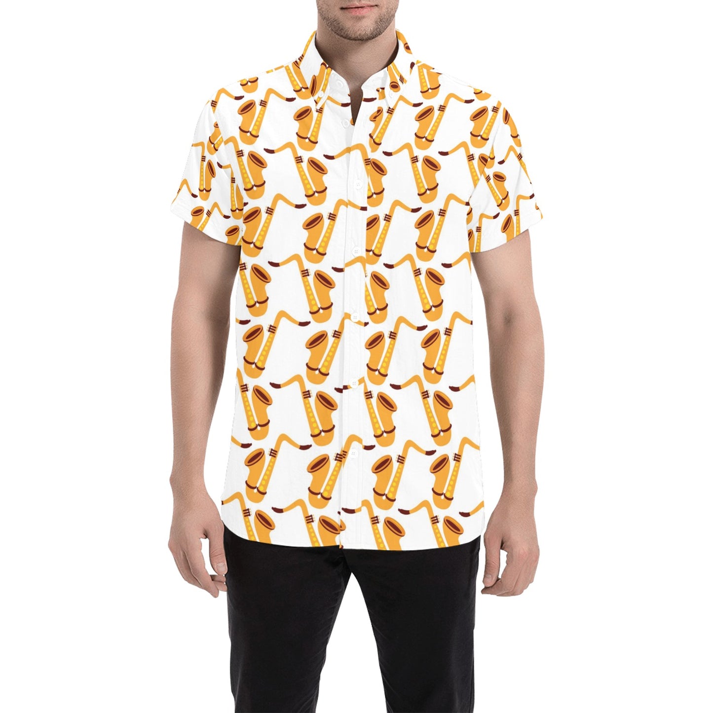 Saxophone Print Design LKS404 Men Short Sleeve Button Up Shirt
