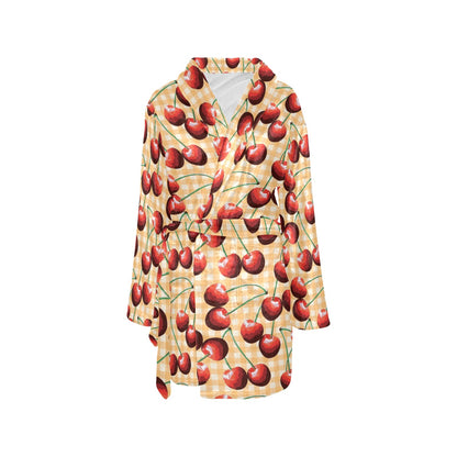 Cherry Orange Plaid Print Women's Fleece Robe