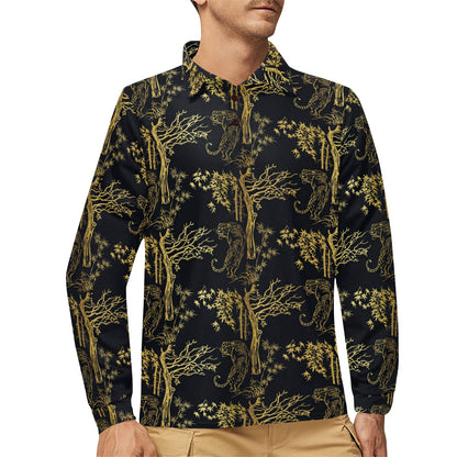 Tiger Gold Print Design LKS307 Long Sleeve Polo Shirt For Men's