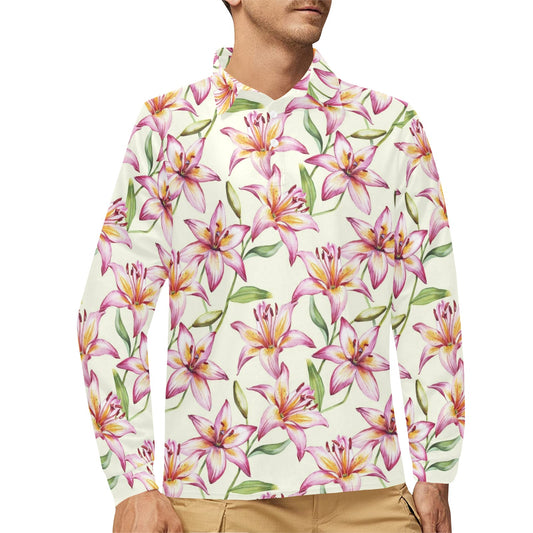 Lily Pattern Print Design LY011 Long Sleeve Polo Shirt For Men's