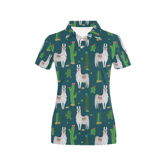 Llama Cactus Pattern Print Design 013 Women's Polo Shirt