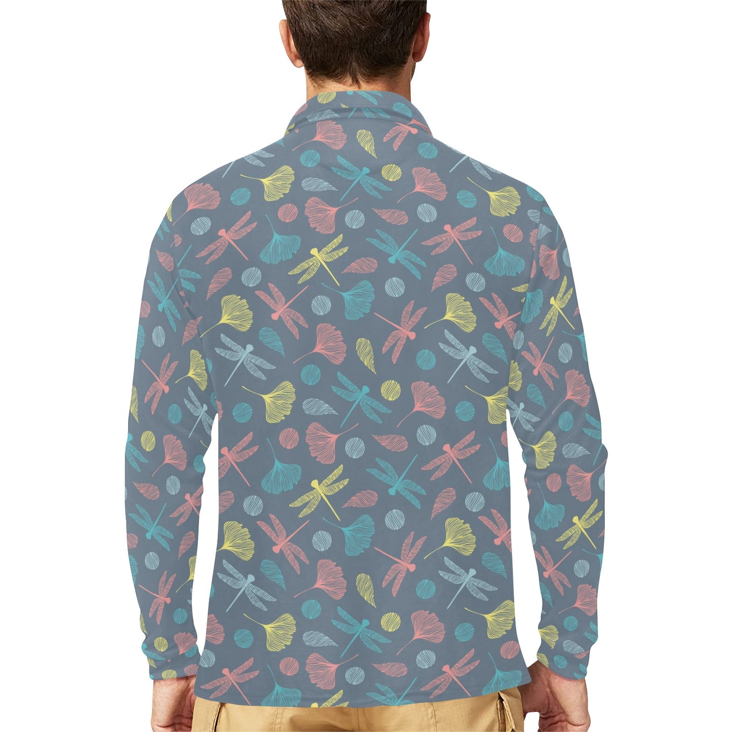 Dragonfly Print Design LKS403 Long Sleeve Polo Shirt For Men's