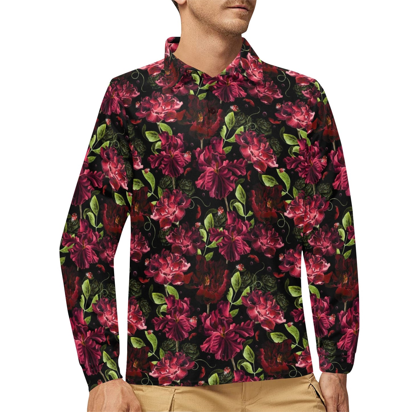 Iris Pattern Print Design IR03 Long Sleeve Polo Shirt For Men's