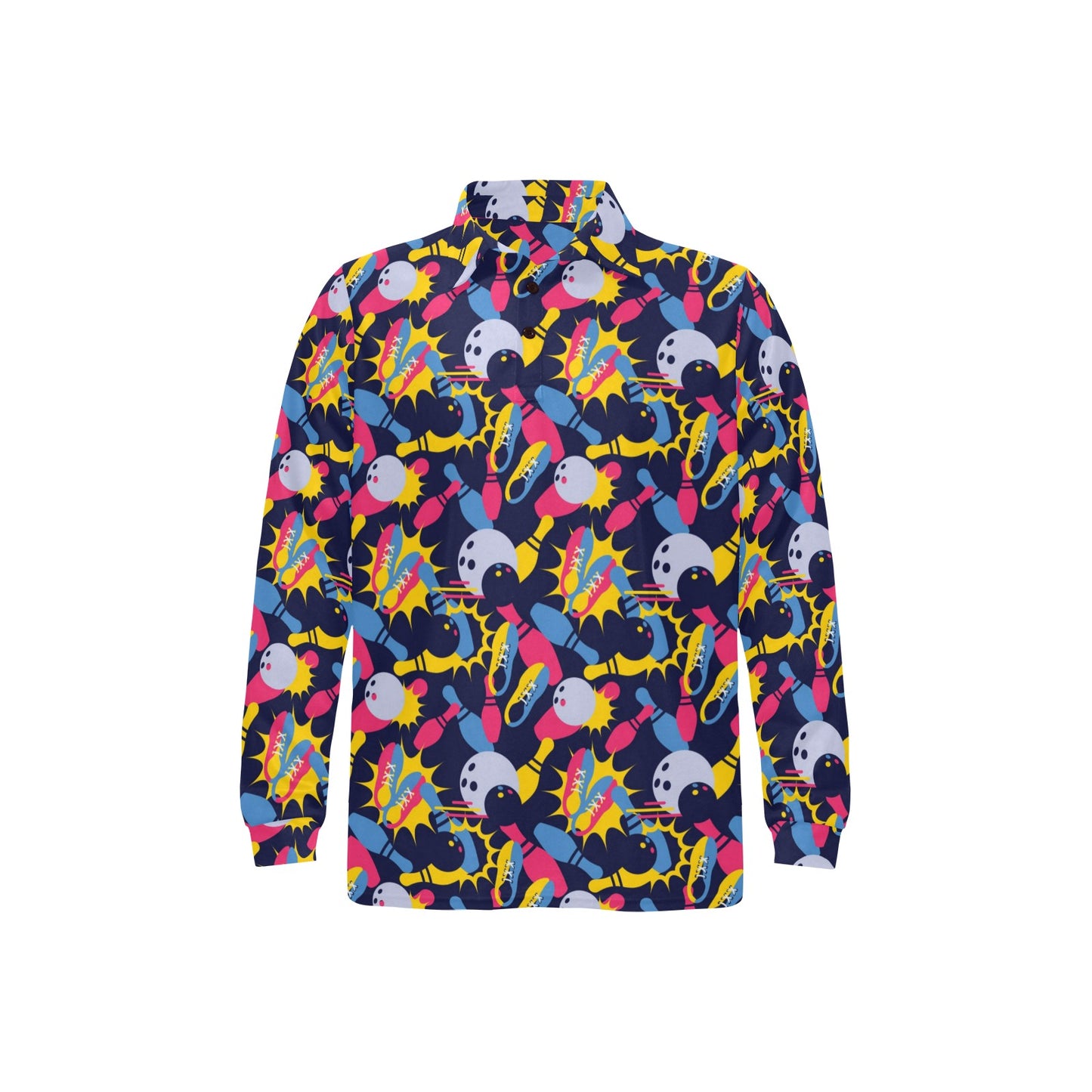 Bowling Pattern Print Design 02 Long Sleeve Polo Shirt For Men's