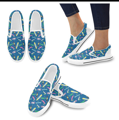 Skateboard Print Design LKS302 White Slip Ons Canvas Women's Shoes