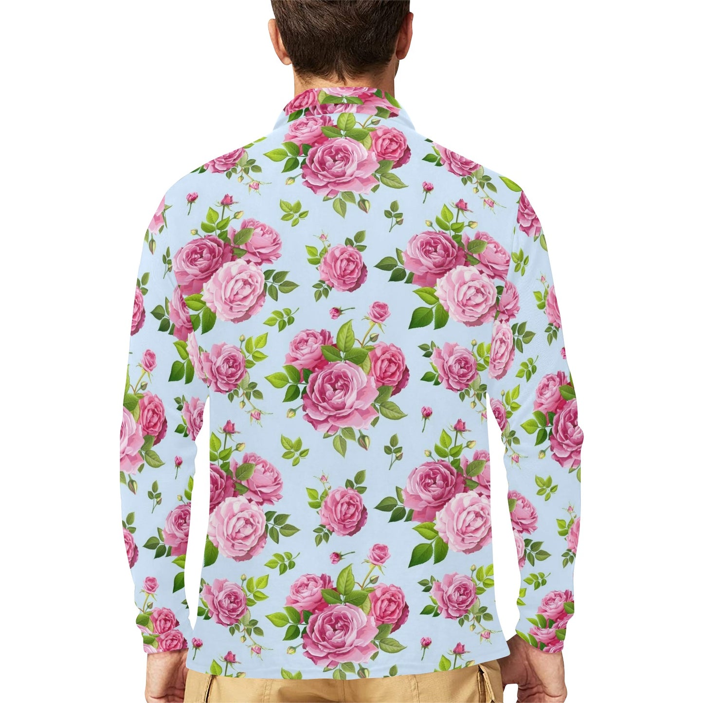 Rose Pink Pattern Print Design RO08 Long Sleeve Polo Shirt For Men's