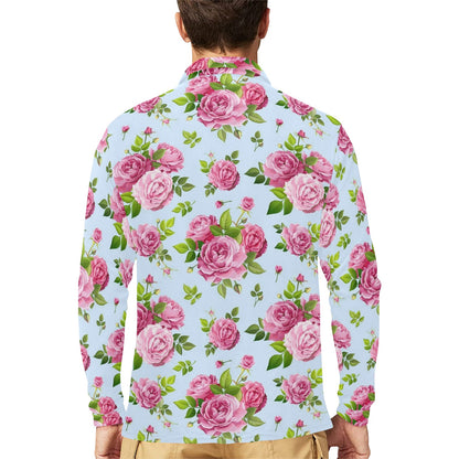 Rose Pink Pattern Print Design RO08 Long Sleeve Polo Shirt For Men's