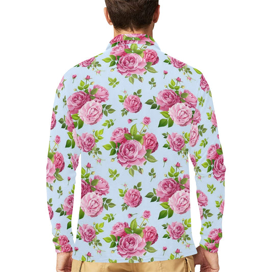 Rose Pink Pattern Print Design RO08 Long Sleeve Polo Shirt For Men's