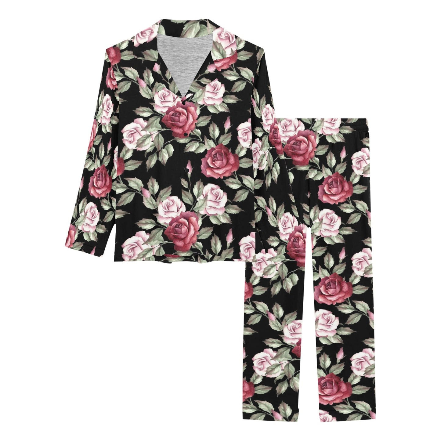 Rose Red Pink Pattern Print Design RO03 Women's Long Pajama Set