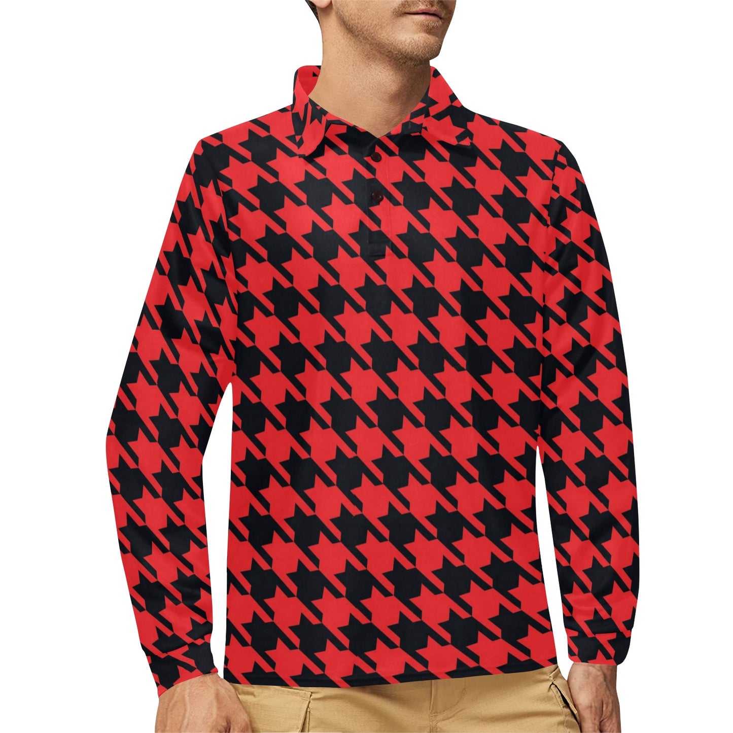 Houndstooth Red Pattern Print Design 03 Long Sleeve Polo Shirt For Men's