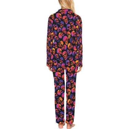 Skull Multicolor Print Design LKS3011 Women's Long Pajama Set