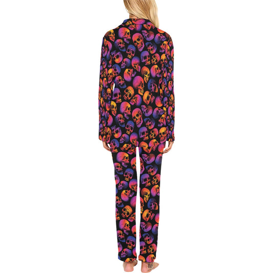 Skull Multicolor Print Design LKS3011 Women's Long Pajama Set