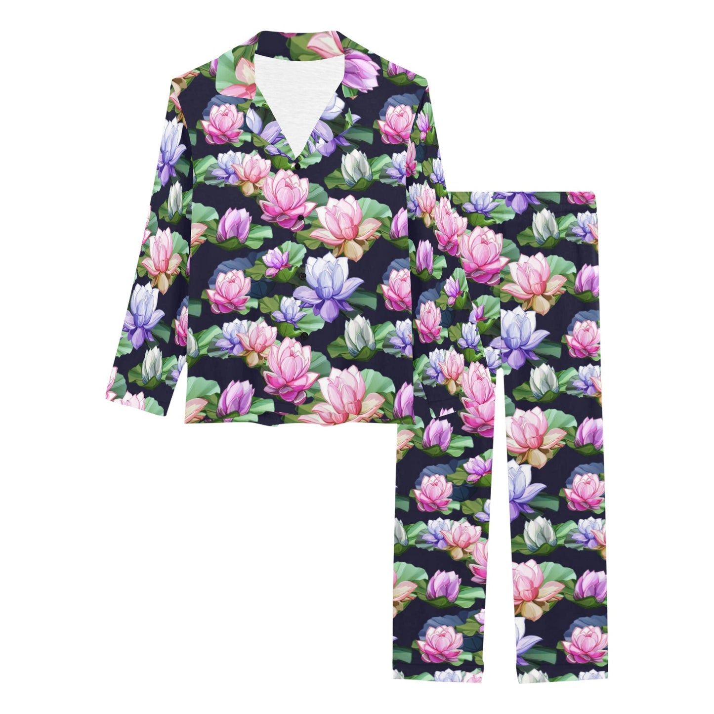 Lotus Flower Print Design Women's Long Pajama Set