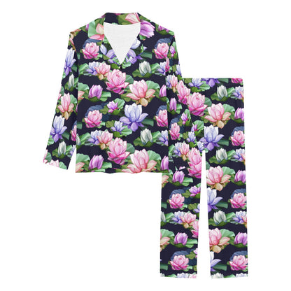Lotus Flower Print Design Women's Long Pajama Set