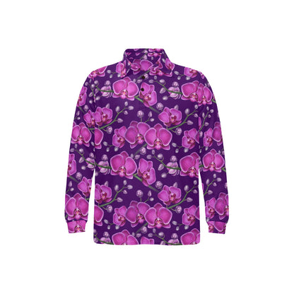 Orchid Purple Pattern Print Design OR02 Long Sleeve Polo Shirt For Men's