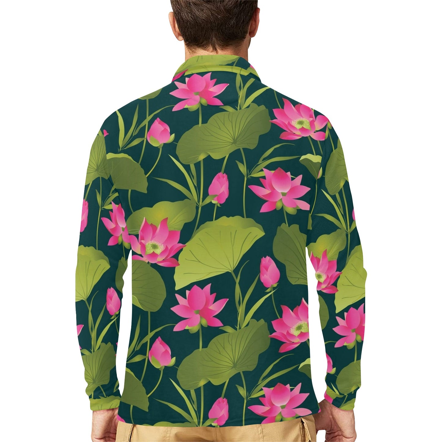 Water Lily Pattern Print Design WL09 Long Sleeve Polo Shirt For Men's
