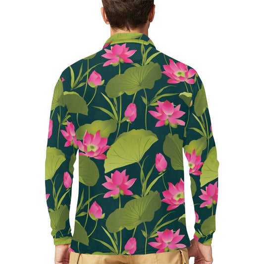 Water Lily Pattern Print Design WL09 Long Sleeve Polo Shirt For Men's