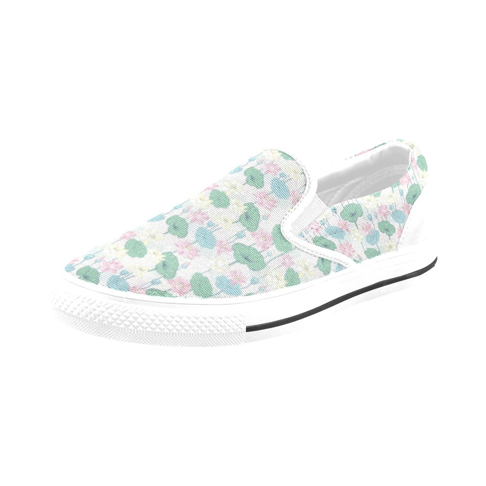 Water Lily Print Design LKS305 White Slip Ons Canvas Women's Shoes