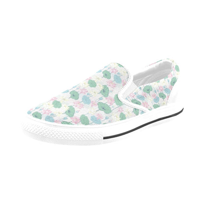 Water Lily Print Design LKS305 White Slip Ons Canvas Women's Shoes