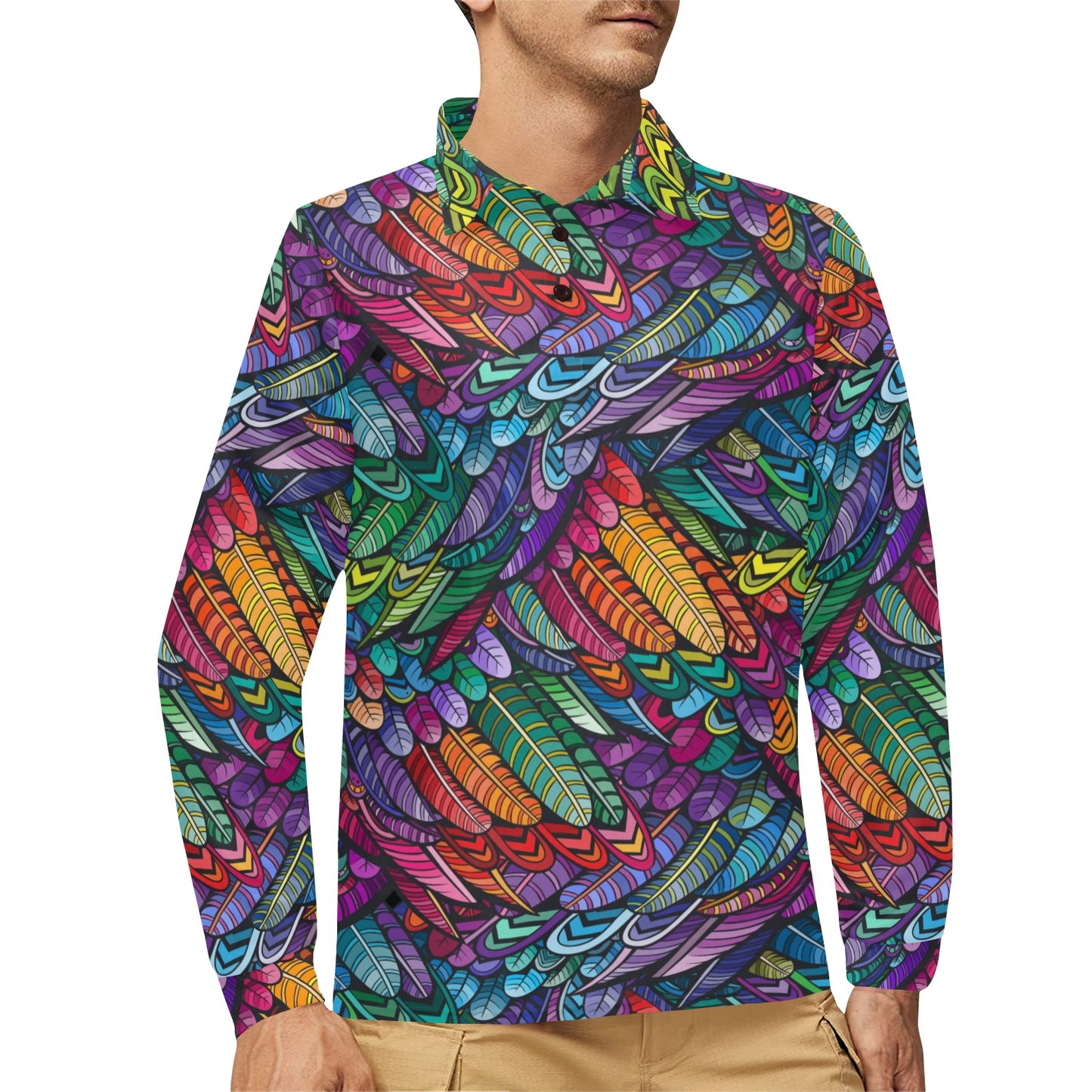 Feather Multicolor Design Print Long Sleeve Polo Shirt For Men's