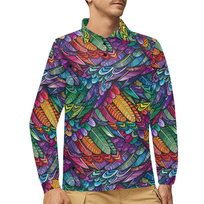 Feather Multicolor Design Print Long Sleeve Polo Shirt For Men's