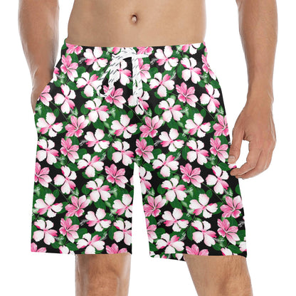 Hibiscus Pink Flower Hawaiian Print Men's Swim Trunks Beach Shorts