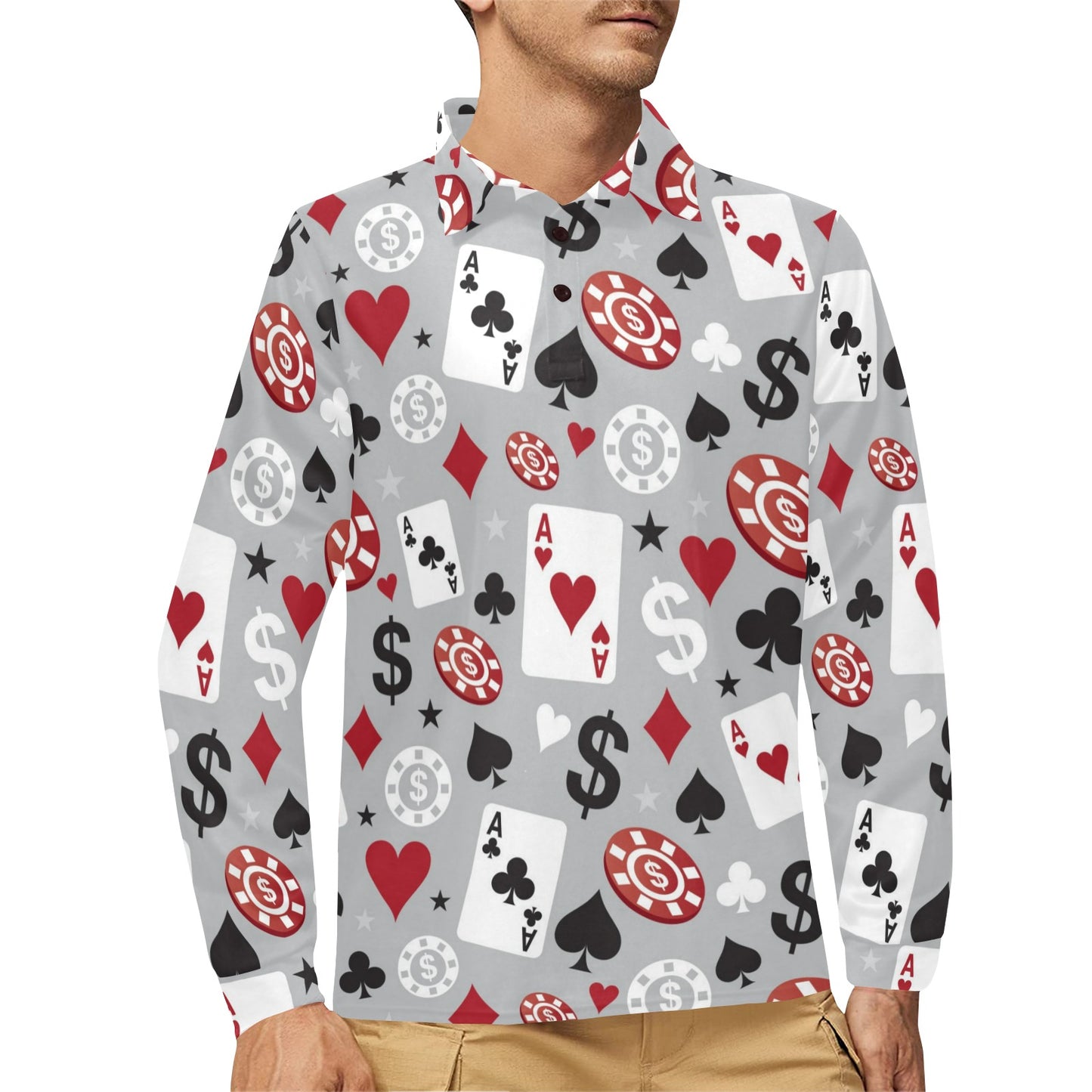 Casino Pattern Print Design 01 Long Sleeve Polo Shirt For Men's