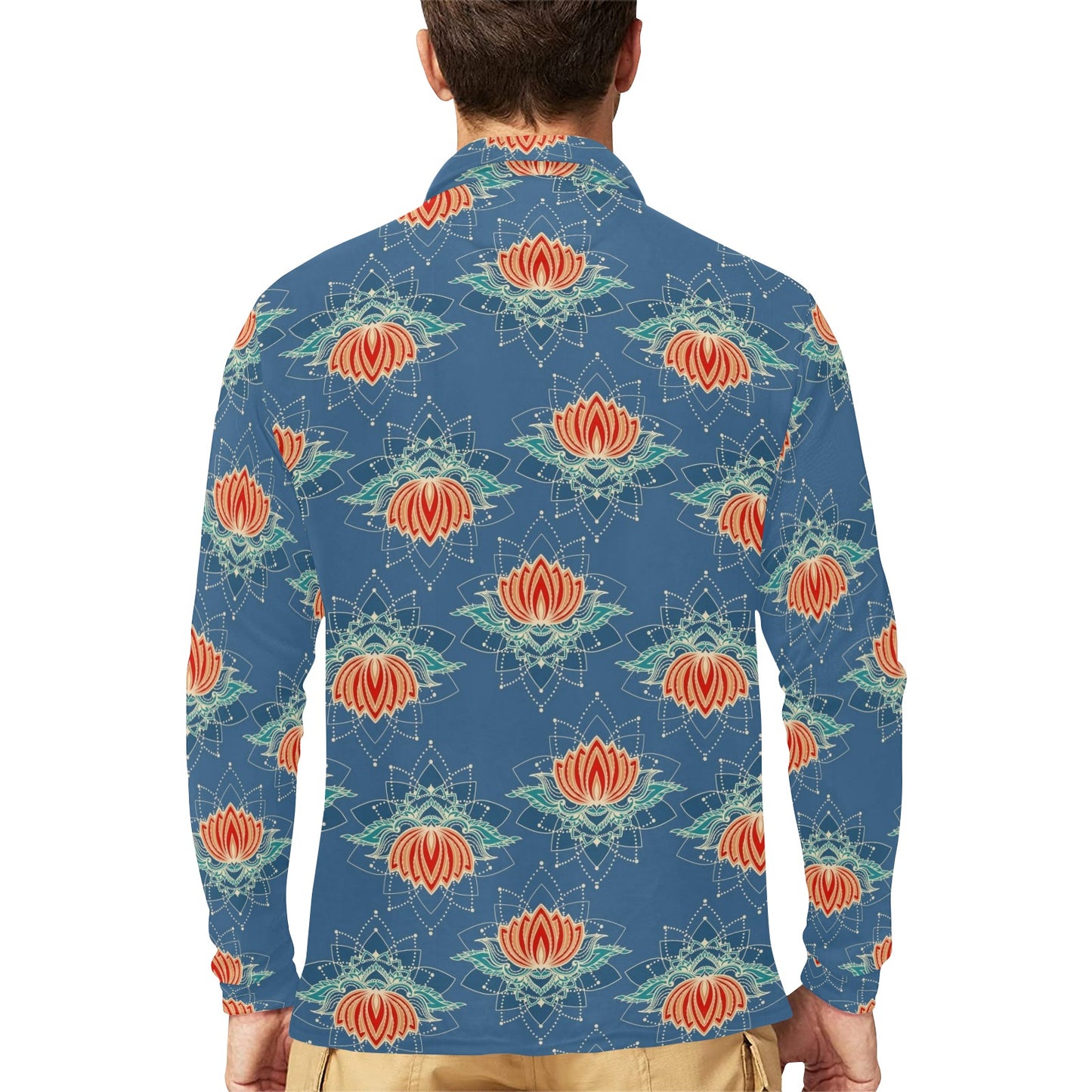 lotus Boho Pattern Print Design LO07 Long Sleeve Polo Shirt For Men's