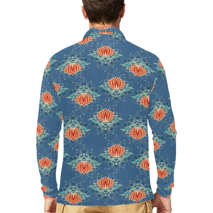 lotus Boho Pattern Print Design LO07 Long Sleeve Polo Shirt For Men's