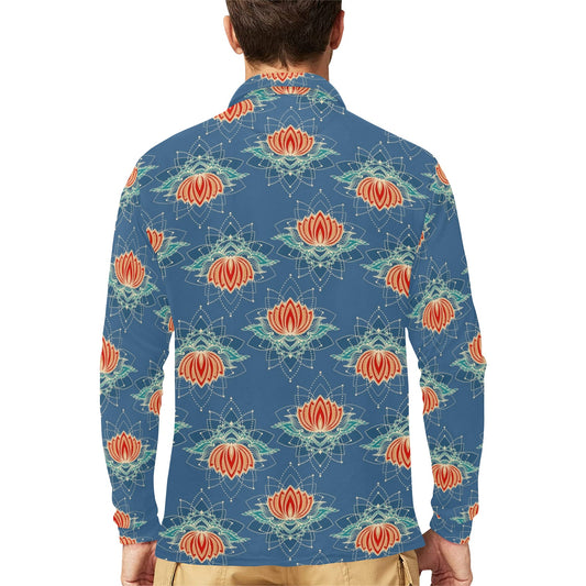 lotus Boho Pattern Print Design LO07 Long Sleeve Polo Shirt For Men's