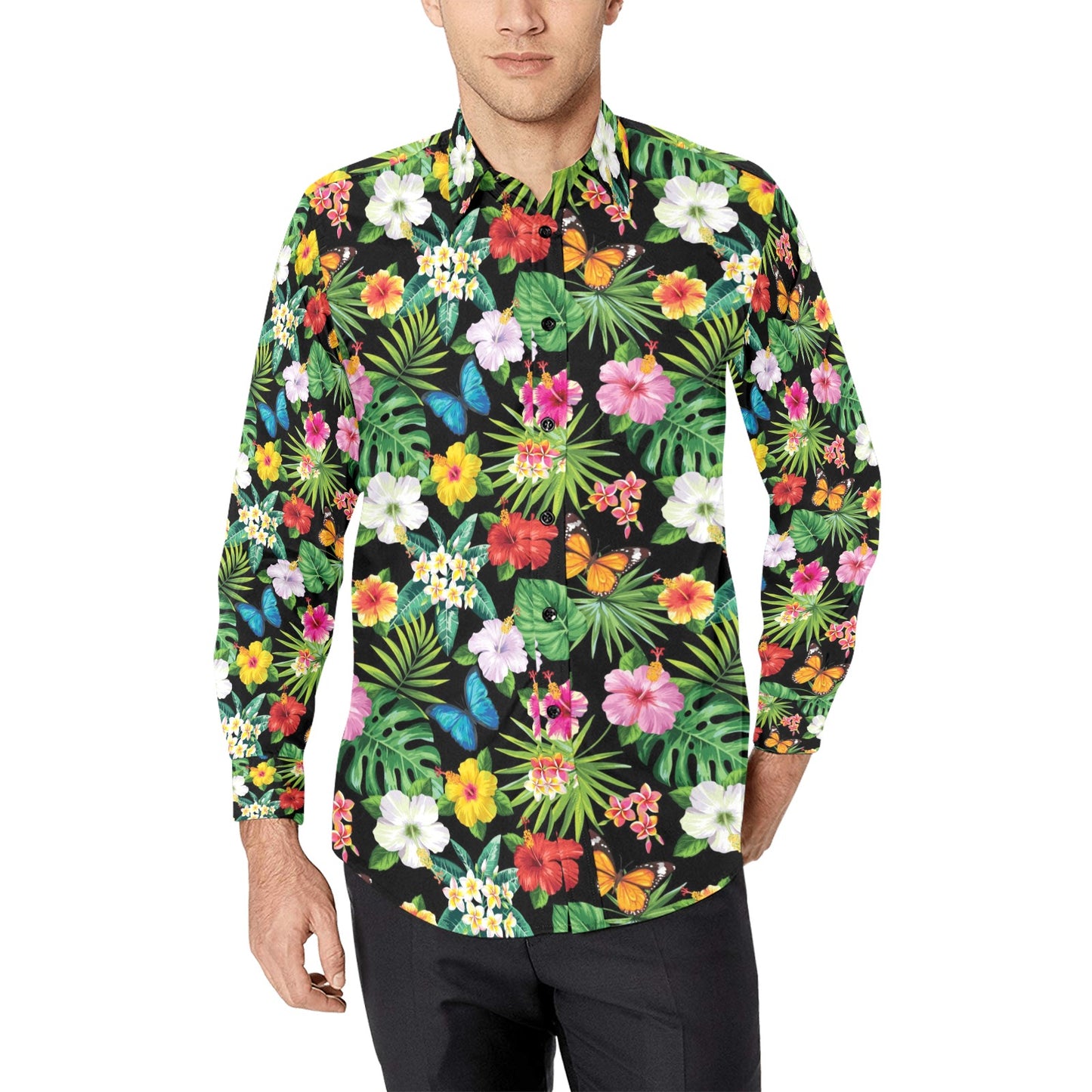 Hibiscus With Butterfly Print Design LKS305 Men's Long Sleeve Dress Shirt
