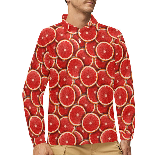 Grapefruit Pattern Print Design GF05 Long Sleeve Polo Shirt For Men's