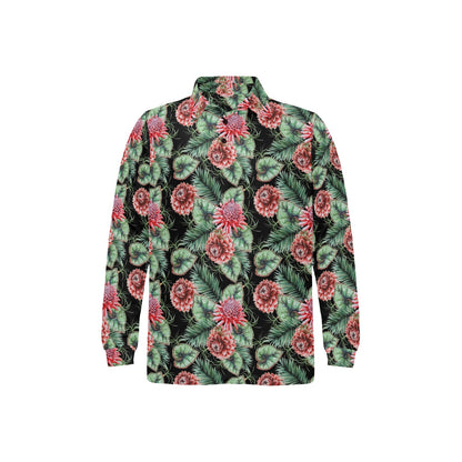Dahlia Pattern Print Design DH06 Long Sleeve Polo Shirt For Men's