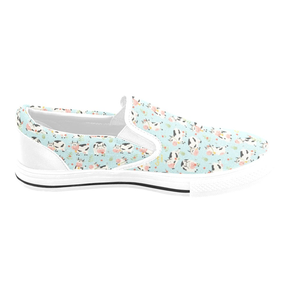 Cattle Print Design LKS403 White Slip Ons Canvas Women's Shoes