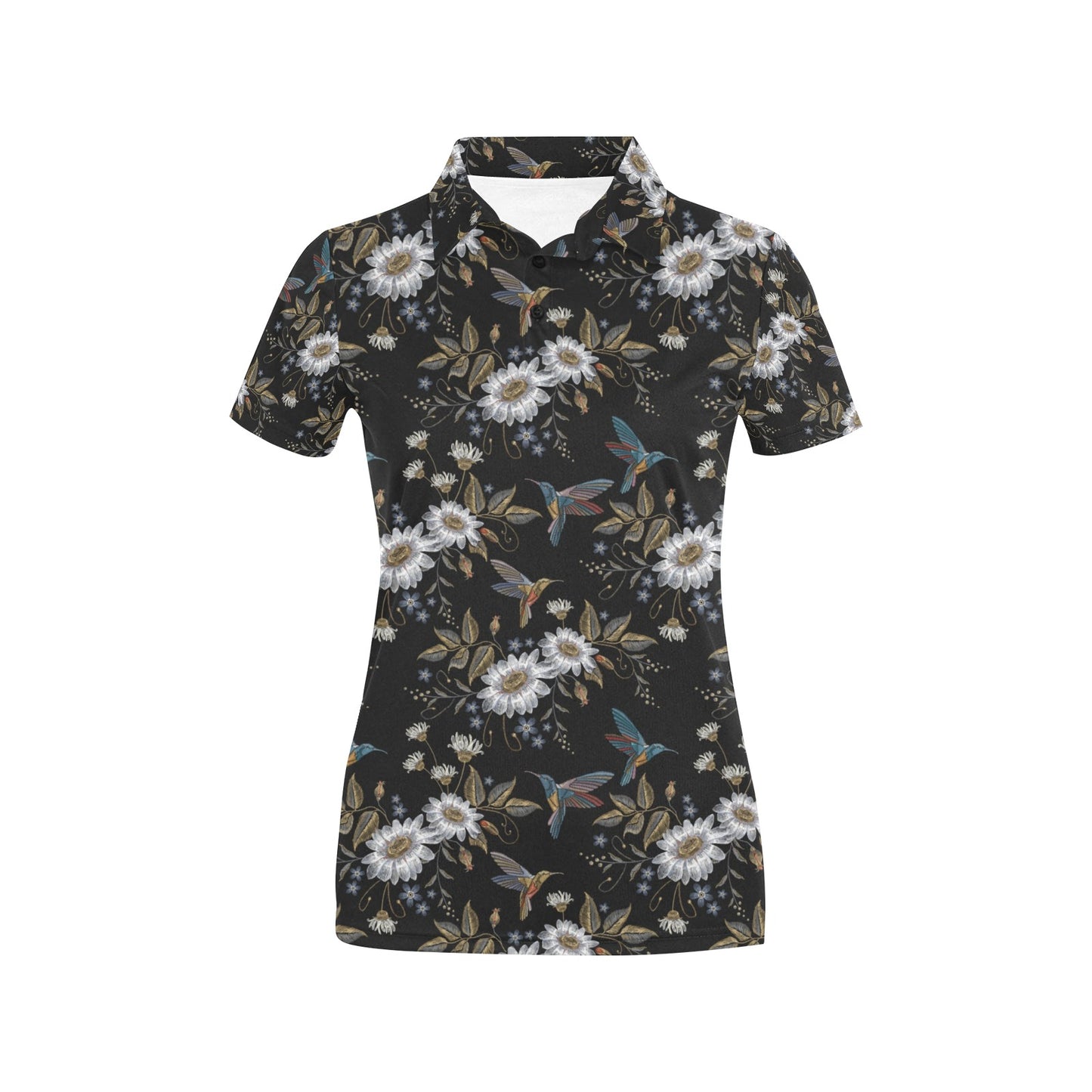 Hummingbird with Embroidery Themed Print Women's Polo Shirt