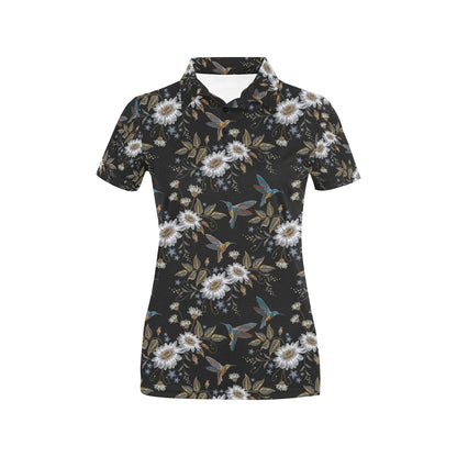 Hummingbird with Embroidery Themed Print Women's Polo Shirt