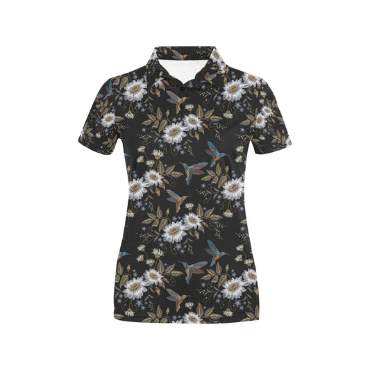 Hummingbird with Embroidery Themed Print Women's Polo Shirt