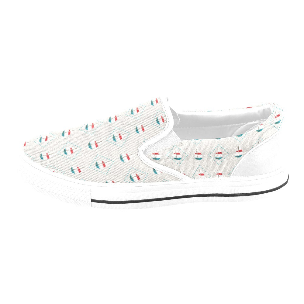 Sailboat Print Design LKS301 White Slip Ons Canvas Women's Shoes