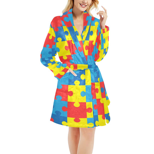 Autism Awareness Puzzles Design Print Women's Fleece Robe