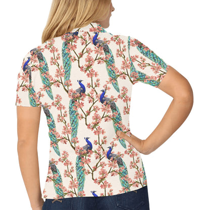 Cherry Blossom Peacock Women's Polo Shirt