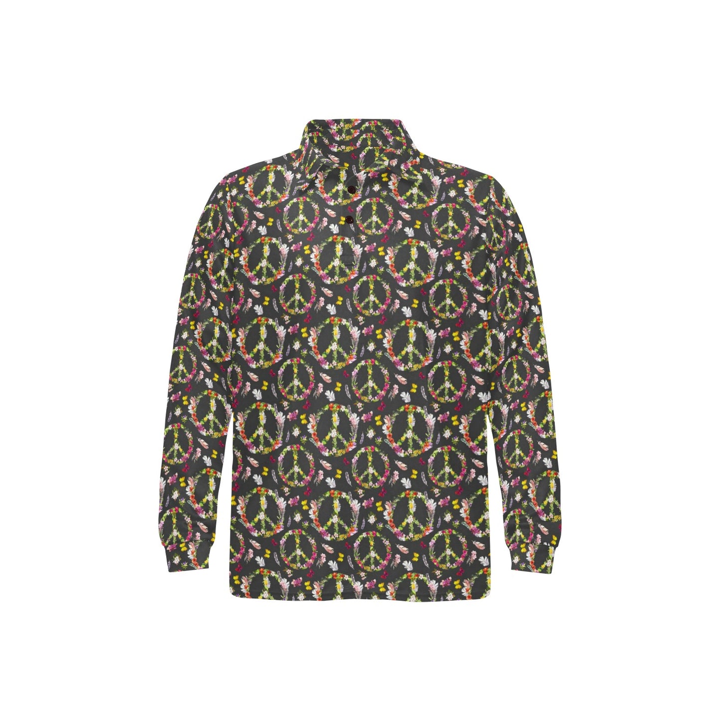 Peace Sign flowers Design Print Long Sleeve Polo Shirt For Men's
