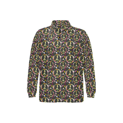 Peace Sign flowers Design Print Long Sleeve Polo Shirt For Men's