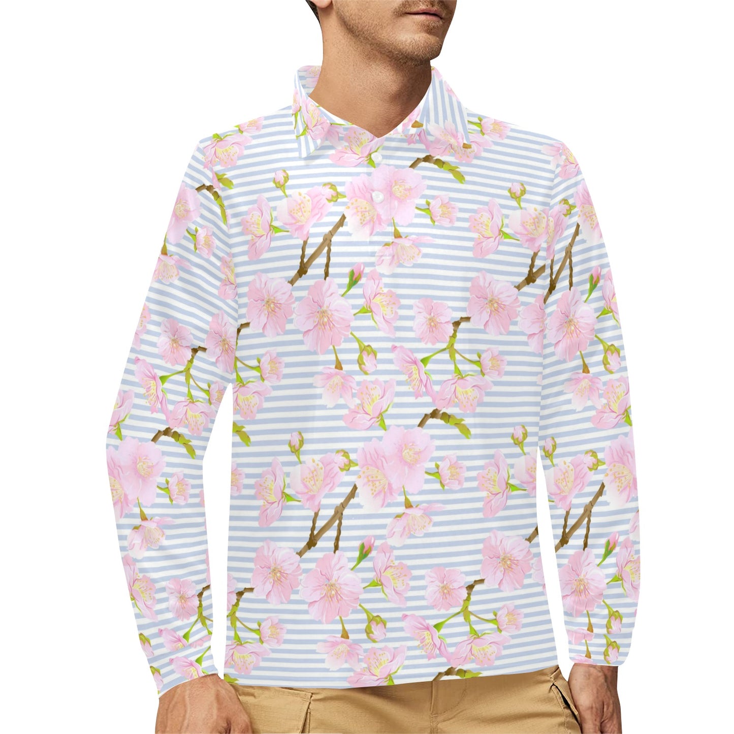 Pink Cherry Blossom Sakura Long Sleeve Polo Shirt For Men's