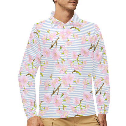 Pink Cherry Blossom Sakura Long Sleeve Polo Shirt For Men's
