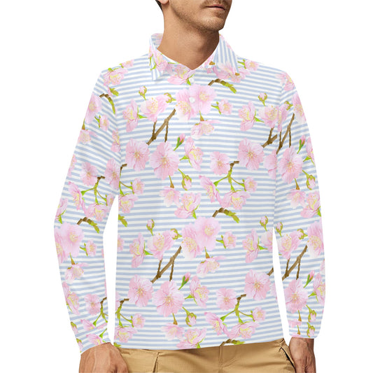 Pink Cherry Blossom Sakura Long Sleeve Polo Shirt For Men's