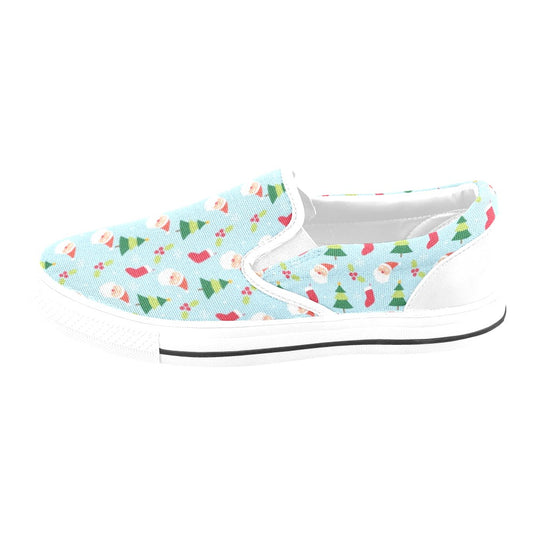 Santa Themed Print Design LKS301 White Slip Ons Canvas Women's Shoes