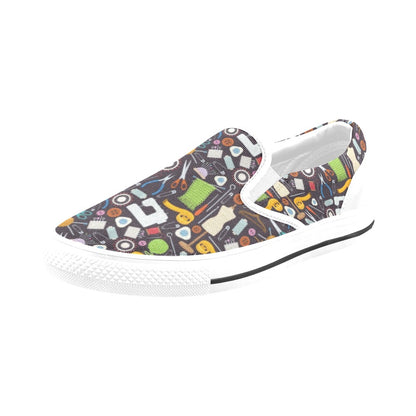 Sewing Equipment Print Design LKS308 White Slip Ons Canvas Women's Shoes
