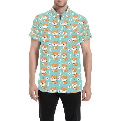 Shiba Inu Print Design LKS3013 Men Short Sleeve Button Up Shirt