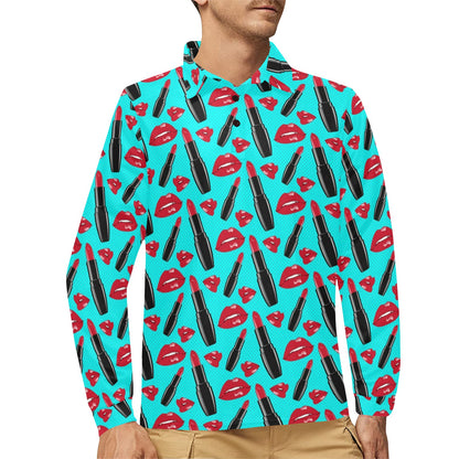 Lipstick Pattern Print Design LT02 Long Sleeve Polo Shirt For Men's